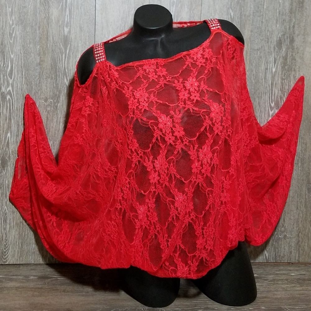 Batwing Red Lace Tunic Top~ Swrk. Crystals